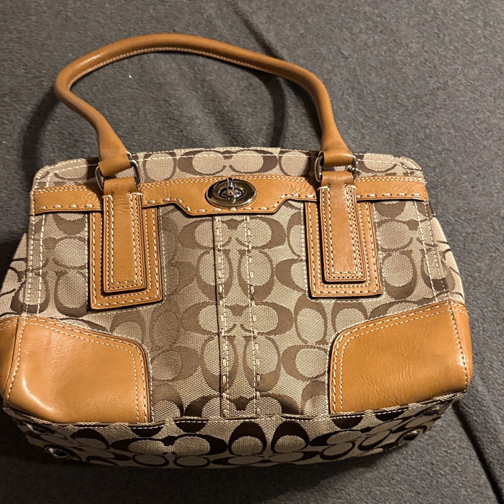 Coach Brown and Tan Signature Shoulder Bag